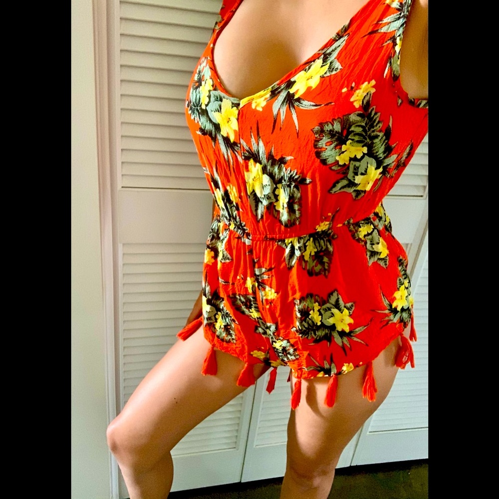 ASOS - orange floral romper with tassels